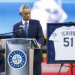 Aug 9, 2025; Seattle, Washington, USA; Seattle Mariners former outfielder Ichiro Suzuki speaks during a ceremony to retire his number before a game against the Tampa Bay Rays at T-Mobile Park. Mandatory Credit: Joe Nicholson-Imagn Images