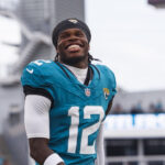 Aug 9, 2025; Jacksonville, Florida, USA; Jacksonville Jaguars wide receiver Travis Hunter (12) before the game against the Pittsburgh Steelers at EverBank Stadium. Mandatory Credit: Morgan Tencza-Imagn Images
