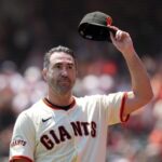 Justin Verlander 3500 strikeouts Giants - Aug 10, 2025; San Francisco, California, USA; San Francisco Giants starting pitcher Justin Verlander (35) tips his cap after recording his 3500th career strikeout during the first inning against the Washington Nationals at Oracle Park. Mandatory Credit: Darren Yamashita-Imagn Images