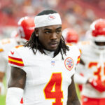 Aug 9, 2025; Glendale, Arizona, USA; Kansas City Chiefs wide receiver Rashee Rice (4) against the Arizona Cardinals during a preseason NFL game at State Farm Stadium.