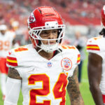 Aug 9, 2025; Glendale, Arizona, USA; Kansas City Chiefs wide receiver Skyy Moore (24) against the Arizona Cardinals during a preseason NFL game at State Farm Stadium. Mandatory Credit: Mark J. Rebilas-Imagn Images