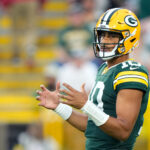 Aug 9, 2025; Green Bay, Wisconsin, USA; Green Bay Packers quarterback Jordan Love (10) calls a play during the first quarter against the New York Jets at Lambeau Field. Mandatory Credit: Kayla Wolf-Imagn Images