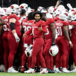 Aug 9, 2025; Glendale, Arizona, USA; Arizona Cardinals quarterback Kyler Murray (1) against the Kansas City Chiefs during a preseason NFL game at State Farm Stadium. Mandatory Credit: Mark J. Rebilas-Imagn Images