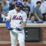 Aug 12, 2025; New York City, New York, USA; New York Mets catcher Francisco Alvarez (4) hits a two run home run in the second inning against the Atlanta Braves at Citi Field. Mandatory Credit: Wendell Cruz-Imagn Images
