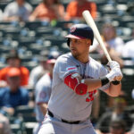 Aug 10, 2025; San Francisco, California, USA; Washington Nationals first baseman Nathaniel Lowe (33) bats against the San Francisco Giants during the first inning at Oracle Park. Mandatory Credit: Darren Yamashita-Imagn Images