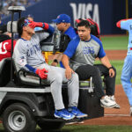 Aug 13, 2025; Toronto, Ontario, CAN; Chicago Cubs catcher Miguel Amaya (9) is taken from the game on a cart after injuring his ankle at first base in the eighth inning against the Toronto Blue Jays at Rogers Centre. Mandatory Credit: Dan Hamilton-Imagn Images