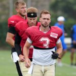 Saints Haener Rattler Shough Aug 14, 2025; Carson, CA, USA; New Orleans Saints quarterback Jake Haener (3), quarterback Spencer Rattler (middle) and quarterback Tyler Shough (back) during a joint practice against the Los Angeles Rams at the Dignity Health Sports Park. Mandatory Credit: Kirby Lee-Imagn Images