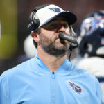 Aug 15, 2025; Atlanta, Georgia, USA; Tennessee Titans head coach Brian Callahan on the sideline against the Atlanta Falcons in the fourth quarter at Mercedes-Benz Stadium.