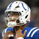 Aug 16, 2025; Indianapolis, Indiana, USA; Indianapolis Colts quarterback Anthony Richardson Sr. (5) during warmups prior to the game against the Green Bay Packers at Lucas Oil Stadium. Mandatory Credit: Robert Goddin-Imagn Images