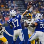 Indianapolis Colts quarterback Daniel Jones (17) throws a pass on Saturday, Aug. 16, 2025, during a game against the Green Bay Packers at Lucas Oil Stadium in Indianapolis