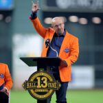 Aug 16, 2025; Houston, Texas, USA; Former Houston Astros pitcher and Baseball Hall of Fame inductee Billy Wagner speaks to the fans prior to the game against the Baltimore Orioles at Daikin Park. Mandatory Credit: Erik Williams-Imagn Images
