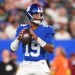 Aug 16, 2025; East Rutherford, New Jersey, USA; New York Giants quarterback Jameis Winston (19) drops back to pass against the New York Jets during the second half at MetLife Stadium. Mandatory Credit: Rich Barnes-Imagn Images