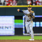 Aug 16, 2025; Cincinnati, Ohio, USA; Milwaukee Brewers shortstop Joey Ortiz (3) throws to first to get Cincinnati Reds catcher Jose Trevino (not pictured) out in the seventh inning at Great American Ball Park. Mandatory Credit: Katie Stratman-Imagn Images