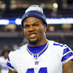 Aug 16, 2025; Arlington, Texas, USA; Dallas Cowboys defensive end Micah Parsons (11) reacts after the game against the Baltimore Ravens at AT&T Stadium. Mandatory Credit: Kevin Jairaj-Imagn Images