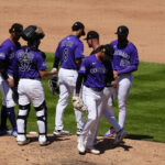 Aug 17, 2025; Denver, Colorado, USA; Colorado Rockies relief pitcher Luis Peralta (41) leaves the mound in the sixth inning against the Arizona Diamondbacks at Coors Field. Mandatory Credit: Ron Chenoy-Imagn Images