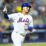 Aug 17, 2025; Williamsport, Pennsylvania, USA; New York Mets infielder Mark Vientos (27) rounds the bases after hitting a three-run home run against the Seattle Mariners in the fifth inning at Journey Bank Ballpark at Historic Bowman Field. Mandatory Credit: Kyle Ross-Imagn Images