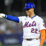 Aug 17, 2025; Williamsport, Pennsylvania, USA; New York Mets outfielder Juan Soto (22) reacts after being walked against the Seattle Mariners in the third inning at Journey Bank Ballpark at Historic Bowman Field. Mandatory Credit: Kyle Ross-Imagn Images