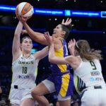 Resultados WNBA 20/8/2025 Bueckers Pllum Aug 20, 2025; Los Angeles, California, USA; LA Sparks guard Kelsey Plum (10) shoots the ball against Dallas Wings center Luisa Geiselsoder (18) and guard Grace Berger (9) in the first half at Crypto.com Arena. Mandatory Credit: Kirby Lee-Imagn Images