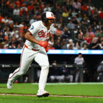 Aug 21, 2025; Baltimore, Maryland, USA; Baltimore Orioles catcher Samuel Basallo (29) singles during the sixth inning against the Houston Astros at Oriole Park at Camden Yards. Mandatory Credit: James A. Pittman-Imagn Images