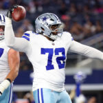 Aug 22, 2025; Arlington, Texas, USA; Dallas Cowboys guard La'el Collins (72) spikes the football after a touchdown during the second half against the Atlanta Falcons at AT&T Stadium. Mandatory Credit: Kevin Jairaj-Imagn Images