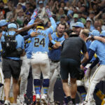 Aug 22, 2025; Milwaukee, Wisconsin, USA; Milwaukee Brewers catcher William Contreras (24) rounds the bases after hitting a walk off home run to defeat the San Francisco Giants in the bottom of the ninth inning 5-4 at American Family Field. Mandatory Credit: Michael McLoone-Imagn Images