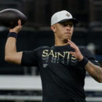 Aug 23, 2025; New Orleans, Louisiana, USA; New Orleans Saints quarterback Spencer Rattler (2) warms up before a game against the Denver Broncos at Caesars Superdome.