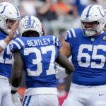 Aug 23, 2025; Cincinnati, Ohio, USA; Indianapolis Colts running back Ulysses Bentley IV (37) celebrates with his teammates after scoring a touchdown in the game against the Cincinnati Bengals at Paycor Stadium.