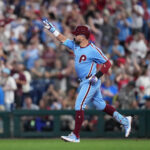 Aug 28, 2025; Philadelphia, Pennsylvania, USA; Philadelphia Phillies designated hitter Kyle Schwarber (12) rounds the bases after hitting a three-run home run against the Atlanta Braves in the fifth inning at Citizens Bank Park. Mandatory Credit: Kyle Ross-Imagn Images