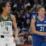 Resultados WNBA 28/08 Aug 28, 2025; Minneapolis, Minnesota, USA; Seattle Storm guard Skylar Diggins (4) yells to the Minnesota Lynx bench after scoring in the third quarter at Target Center. Mandatory Credit: Bruce Kluckhohn-Imagn Images