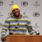Green Bay Packers edge rusher Micah Parsons speaks during an introductory press conference on Friday, August 29, 2025, at Lambeau Field in Green Bay, Wis. The Packers made a trade with the Dallas Cowboys on Aug. 28 to acquire Parsons in exchange for defensive tackle Kenny Clark and two first round picks.