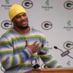 Green Bay Packers edge rusher Micah Parsons speaks during an introductory press conference on Friday, August 29, 2025, at Lambeau Field in Green Bay, Wis. The Packers made a trade with the Dallas Cowboys on Aug. 28 to acquire Parsons in exchange for defensive tackle Kenny Clark and two first round picks.