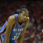 Apr 29, 2013; Houston, TX, USA; Oklahoma City Thunder small forward Kevin Durant (35) in action against the Houston Rockets in the third quarter in game four of the first round of the 2013 NBA playoffs at the Toyota Center. The Rockets defeated the Thunder 105-103. Mandatory Credit: Brett Davis-USA TODAY Sports