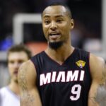 Jun 8, 2014; San Antonio, TX, USA; Miami Heat forward Rashard Lewis (9) reacts against the San Antonio Spurs in game two of the 2014 NBA Finals at AT&T Center.