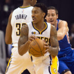 Mar 26, 2017; Indianapolis, IN, USA; Indiana Pacers guard Jeff Teague (44) dribbles the ball around a screen while Philadelphia 76ers guard TJ McConnell (1) defends in the first quarter of the game at Bankers Life Fieldhouse. Mandatory Credit: Trevor Ruszkowski-USA TODAY Sports