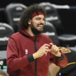 May 12, 2021; Cleveland, Ohio, USA; Cleveland Cavaliers forward Anderson Varejao (17) reacts after a win over the Boston Celtics at Rocket Mortgage FieldHouse.