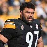 Nov 17, 2024; Pittsburgh, Pennsylvania, USA; Pittsburgh Steelers defensive tackle Cameron Heyward (97) warms up for a game against the Baltimore Ravens at Acrisure Stadium.