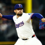 Aug 5, 2025; Arlington, Texas, USA; Texas Rangers starting pitcher Nathan Eovaldi (17) throws during the eighth inning against the New York Yankees at Globe Life Field.