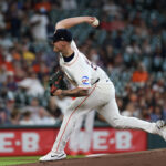 Aug 13, 2025; Houston, Texas, USA; Houston Astros starting pitcher Hunter Brown (58) pitches against the Boston Red Sox in the first inning at Daikin Park.