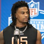 Feb 28, 2025; Indianapolis, IN, USA; Texas wideout Isaiah Bond (WO05) answers questions at a press conference during the 2025 NFL Combine at Indiana Convention Center.