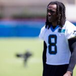 Jul 26, 2025; Charlotte, NC, USA; Carolina Panthers cornerback Jaycee Horn (8) walks off after practice at training camp.