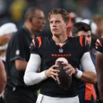 Aug 7, 2025; Philadelphia, Pennsylvania, USA; Cincinnati Bengals quarterback Joe Burrow (9) was up on the sideline during the first quarter against the Philadelphia Eagles at Lincoln Financial Field