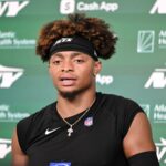 Jun 11, 2025; Florham Park, NY, USA; New York Jets quarterback Justin Fields (7) speaks at a press conference during minicamp at Atlantic Health Jets Training Center.