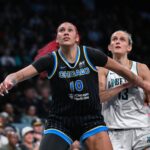 Aug 21, 2025; Brooklyn, New York, USA; Chicago Sky center Kamilla Cardoso (10) boxes out against New York Liberty forward Leonie Fiebich (13) during the second half at Barclays Center.
