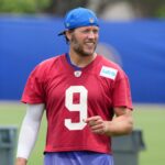 Jun 3, 2025; Woodland Hills, CA, USA; Los Angeles Rams quarterback Matthew Stafford (9) during organized team activities at Rams Practice Facility.