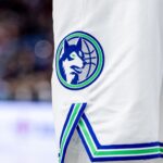 Nov 18, 2023; New Orleans, Louisiana, USA; Detailed view of the Minnesota Timberwolves logo against the New Orleans Pelicans during the second half at the Smoothie King Center.