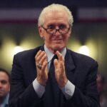 Mar 4, 2023; Miami, Florida, USA; Miami Heat president Pat Riley applauds Chris Bosh during a brief ceremony during the game between the Miami Heat and Atlanta Hawks at Miami-Dade Arena.