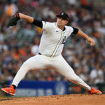 Aug 19, 2025; Detroit, Michigan, USA; Detroit Tigers starting pitcher Tarik Skubal (29) throws a pitch against the Houston Astros in the second inning at Comerica Park.