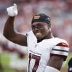 Sep 29, 2024; Glendale, Arizona, USA; Washington Commanders wide receiver Terry McLaurin (17) against the Arizona Cardinals at State Farm Stadium.