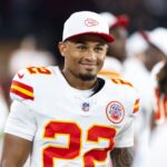 Aug 9, 2025; Glendale, Arizona, USA; Kansas City Chiefs cornerback Trent McDuffie (22) against the Arizona Cardinals during a preseason NFL game at State Farm Stadium.