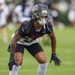 Jul 24, 2025; Flowery Branch, GA, USA; Atlanta Falcons cornerback A.J. Terrell (24) covers during a drill during training camp at IBM Performance Field.